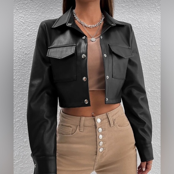 SHEIN Jackets & Blazers - SHEIN Shiny Black Leather Jacket